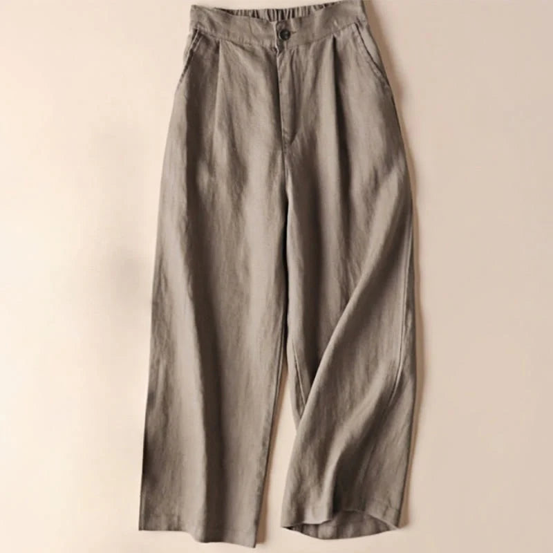 Buddha Stones Commute Solid Color 7-8 Length Cotton Linen Women's Wide Leg Pants With Pockets