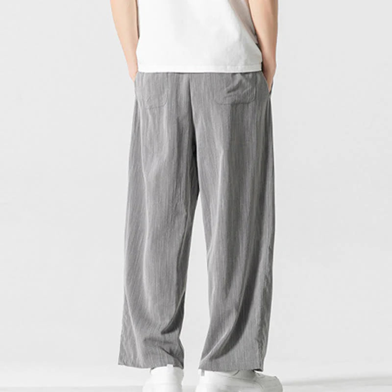 Buddha Stones Summer Casual Plain Straight Leg Design Men's Cotton Linen Drawstring Pants With Pockets