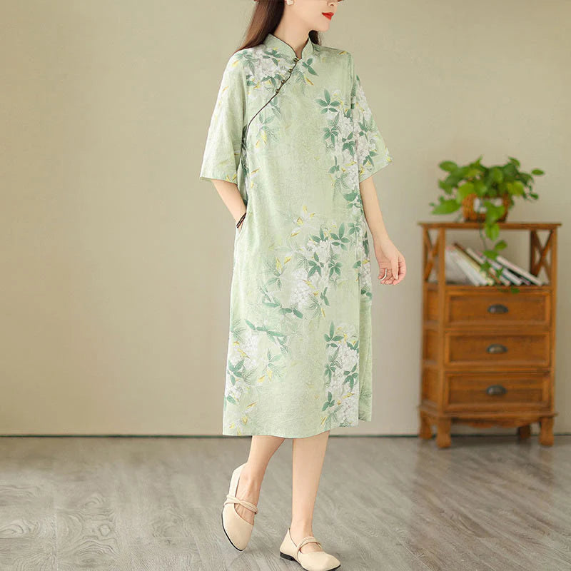 Buddha Stones Floral Jacquard Cotton Linen Chinese Cheongsam Qipao Half Sleeve Midi Dress With Pockets