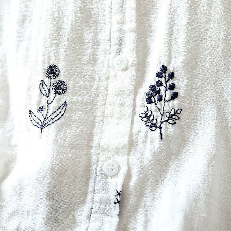 Buddha Stones Floral Embroidery Buttons Down Long Sleeve Women's Cotton Shirt
