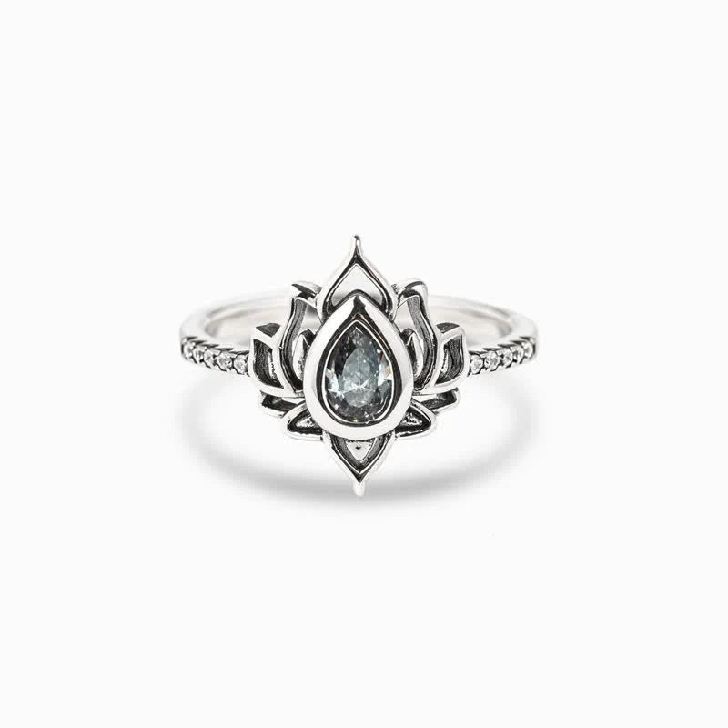 Buddha Stones Sterling Silver Lotus Zircon Blessing Protection Ring