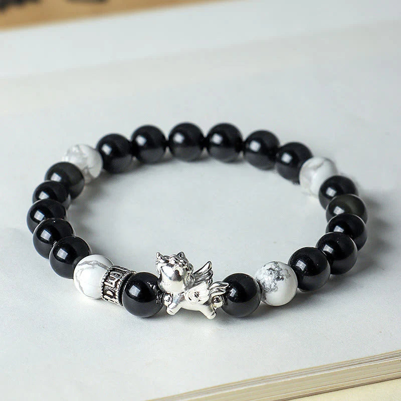 Buddha Stones 999 Sterling Silver Year Of The Horse Natural Black Obsidian Bodhi Seed Strength Bracelet