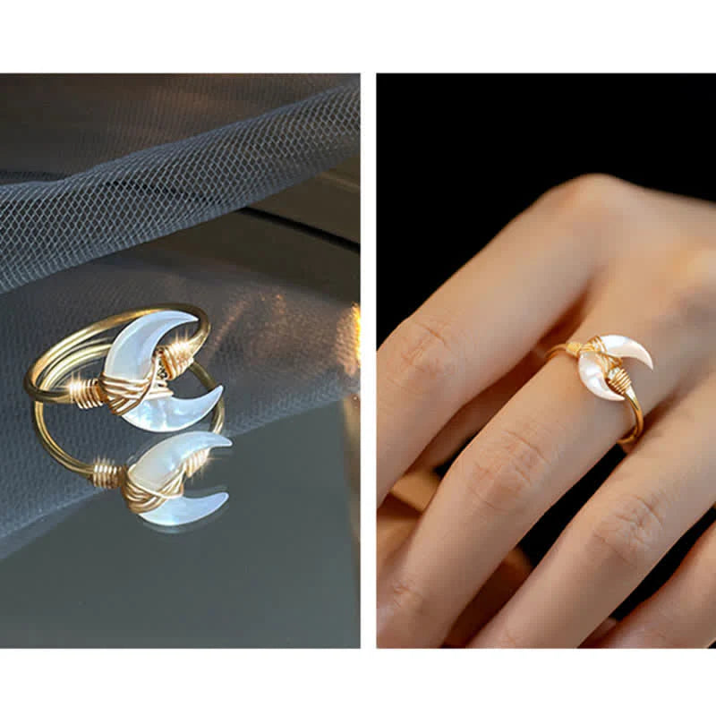 Buddha Stones Natural Tridacna Stone Moon 14K Gold Blessing Ring (Extra 30% Off | USE CODE: FS30)