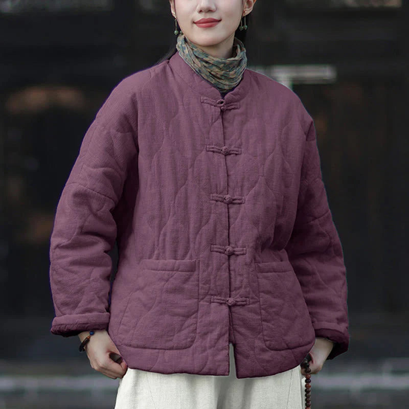 Buddha Stones Winter Curved Lines Frog-Button Ramie Cotton Long Sleeve Women's Thermal Jacket With Pockets