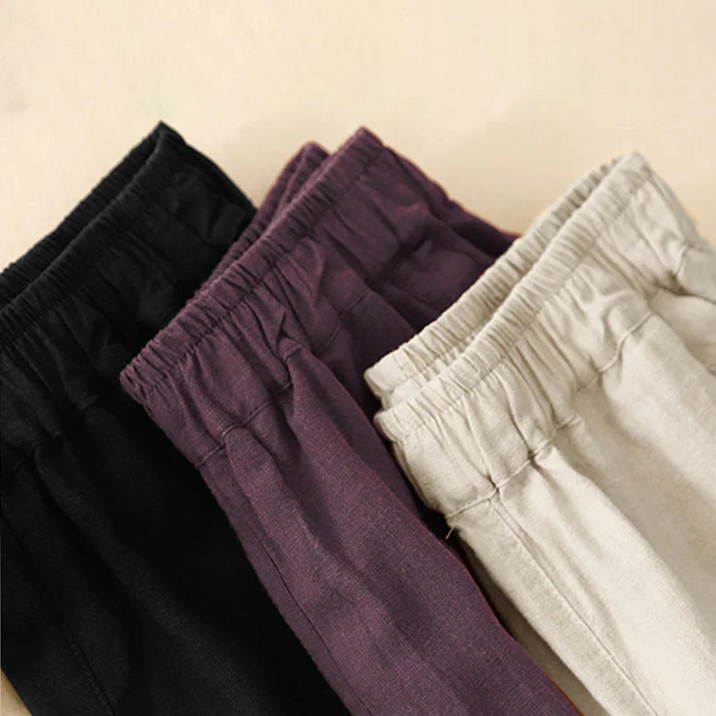 Buddha Stones Commute Casual Pure Color Women's Wide Leg Cotton Cropped Pants With Pockets