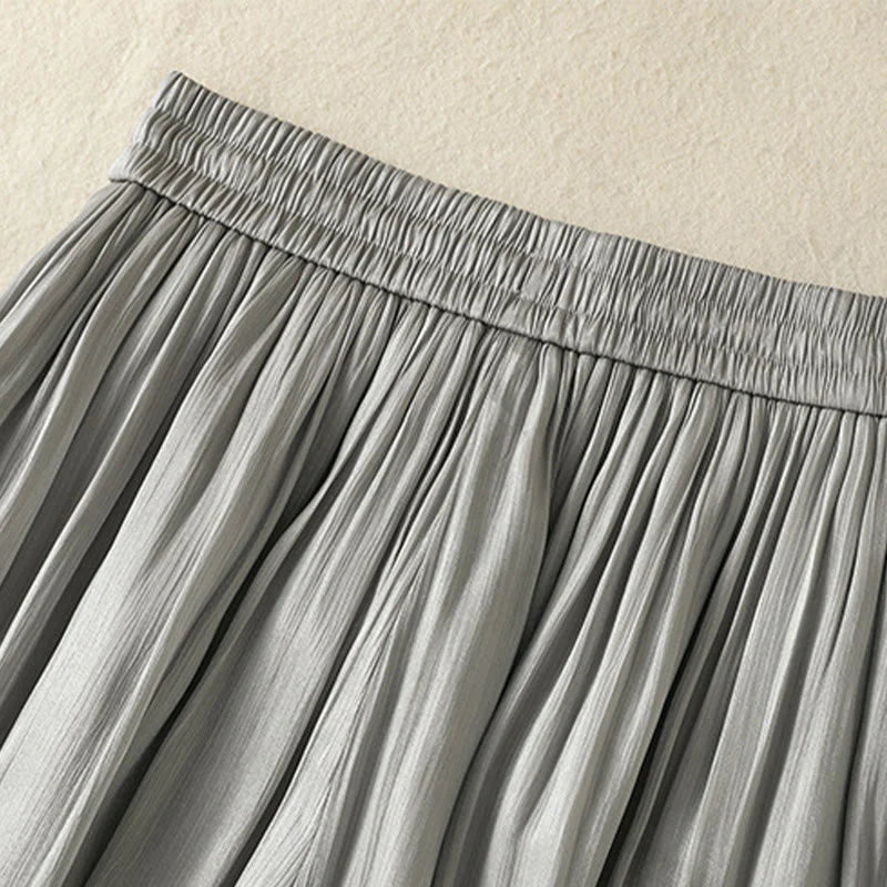 Buddha Stones Light Gray Pleated Design Elastic Waist Women's Wide Leg Pants With Pockets