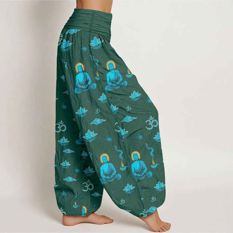 Buddha Stones Cotton Om Symbol Lotus Cloud Buddha Pattern Women's Elastic Waist Harem Pants