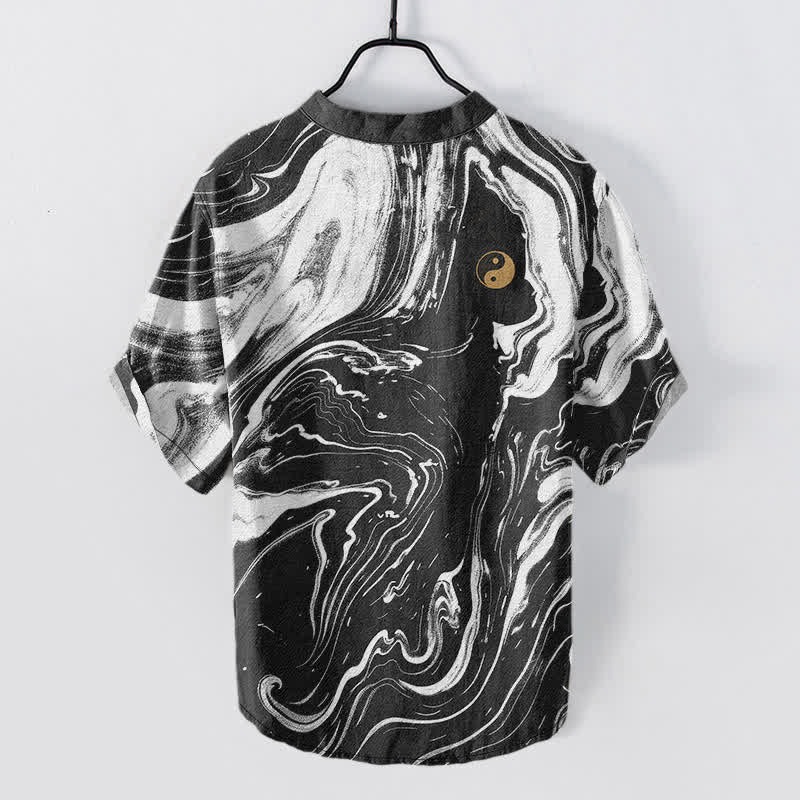 Buddha Stones Cotton Tai Chi Pattern Men's Short Sleeve Half Button Shirt