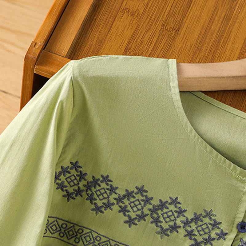 Buddha Stones Embroidery Pleated Buttons Long Lantern Sleeve Women's Cotton Shirt
