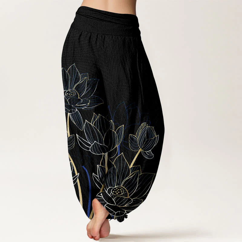 Buddha Stones Pure Cotton Minimalist Style Lotus Flower Pod Pattern Women's Elastic Waist Harem Pants