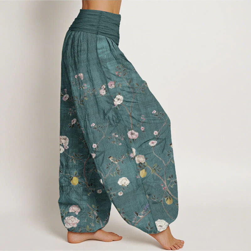 Buddha Stones Pure Cotton Pink White Flowers Bamboo Leaves Fruits Design Women's Elastic Waist Harem Pants