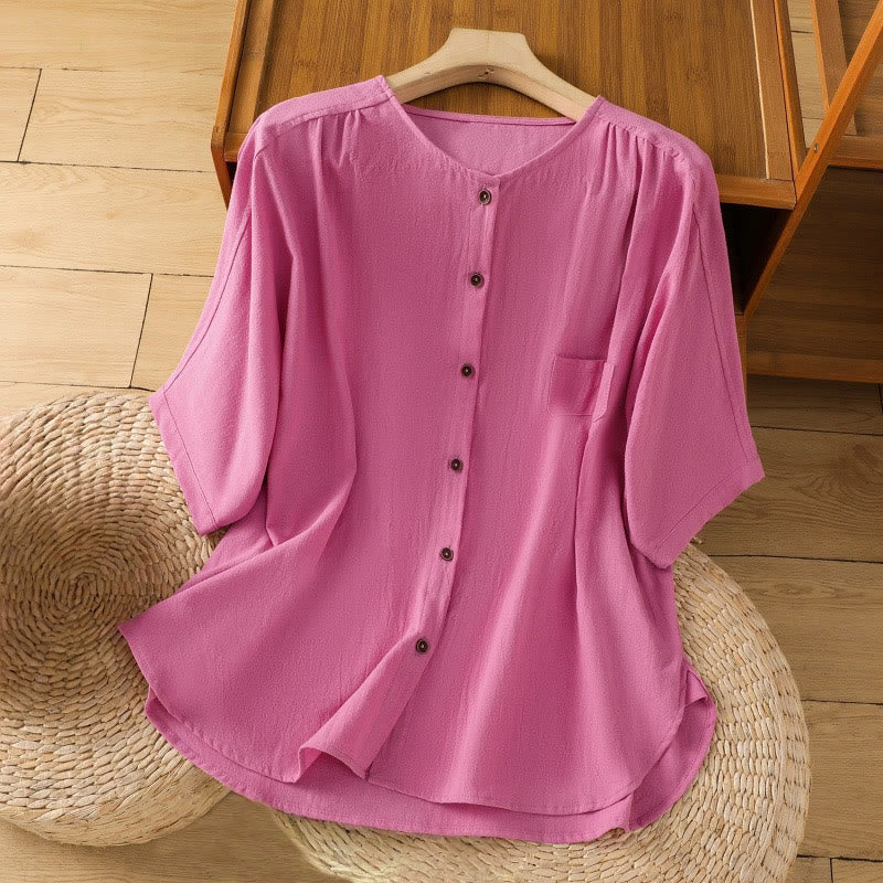 Buddha Stones Casual Plain Buttons Half Sleeve Women's Cotton Linen Shirt With Pocket