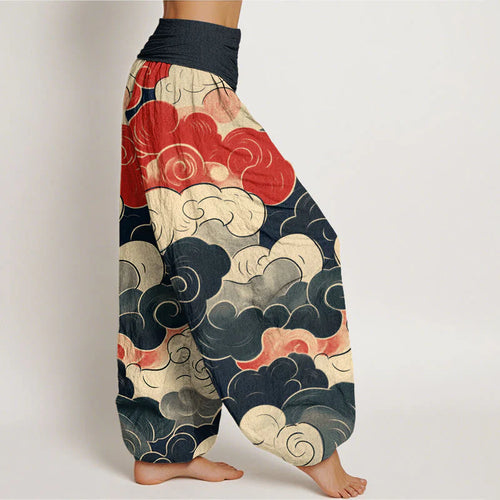 Buddha Stones Cotton Casual Auspicious Clouds Pattern Women's Elastic Waist Harem Pants