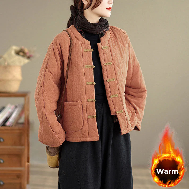Buddha Stones Winter Frog-Button Diamond-shaped Lines Cotton Long Sleeve Women's Thermal Jacket With Pockets