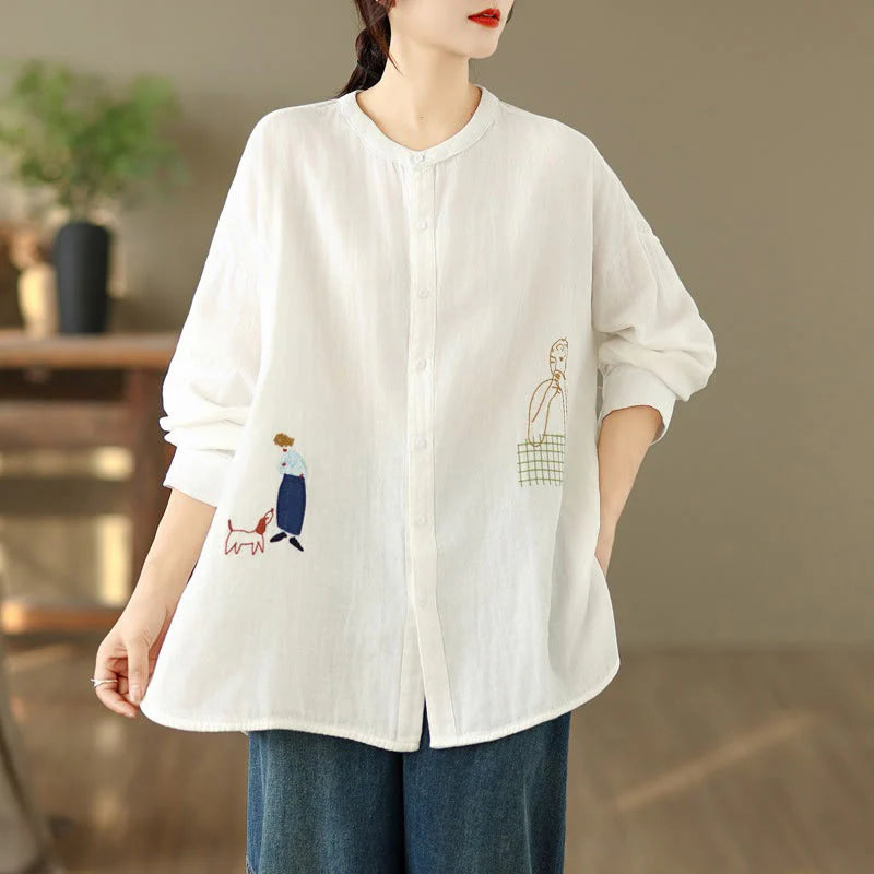 Buddha Stones Fall Embroidery Human Figure Dog Pattern Round Neck Buttons Women's Long Sleeve Shirt