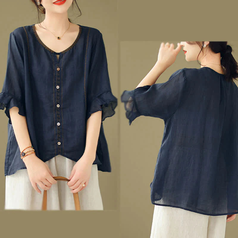 Buddha Stones Embroidery Buttons Crew Neck Flared Short Sleeve Women's Shirt