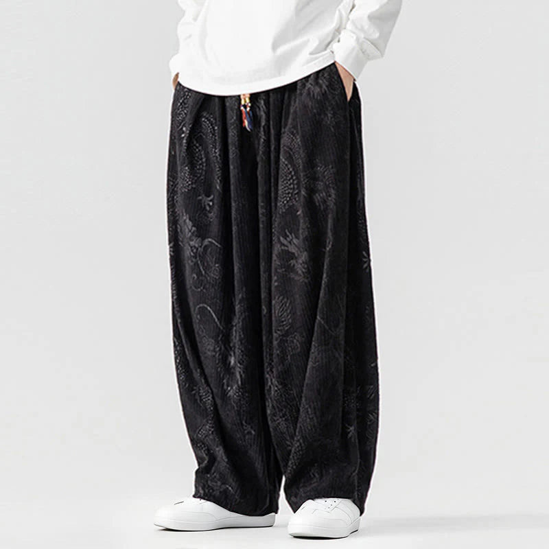 Buddha Stones Winter Dragon Phoenix Pattern Cotton Corduroy Men's Harem Pants With Pockets