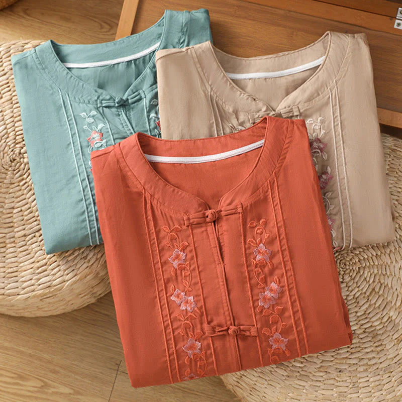Buddha Stones Casual Embroidery Frog-Button Cotton Polyester Half Sleeve Women's Stand Collar Shirt