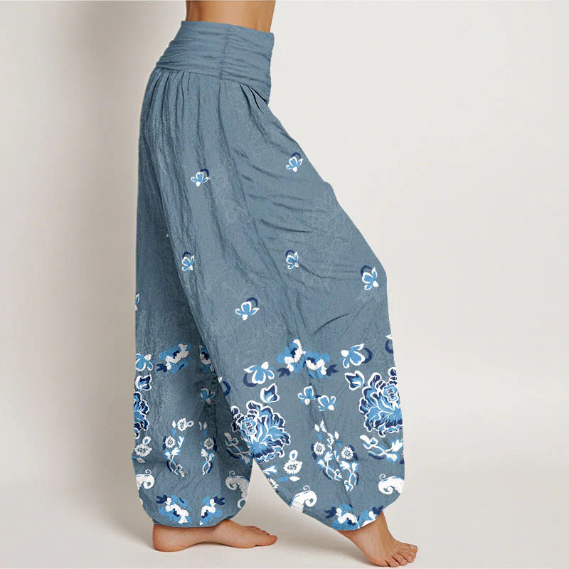 Buddha Stones Pure Cotton Elegant Classic Flower Butterfly Pattern Women's Elastic Waist Harem Pants