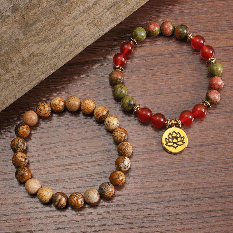 Buddha Stones Tibetan Picture Jasper Positive Lotus Bracelet Set (Extra 35% Off | USE CODE: FS35)
