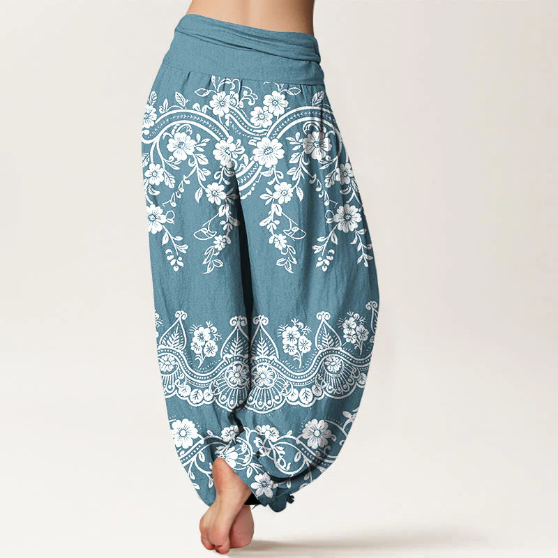 Buddha Stones Cotton Traditional Flower Vine Leaf Pattern Women's Elastic Waist Harem Pants