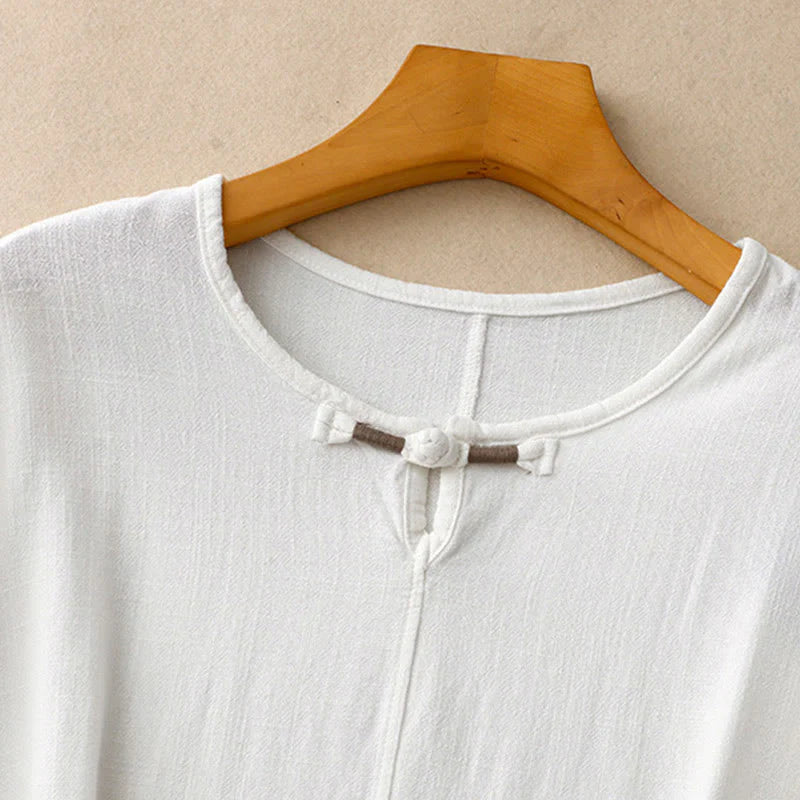 Buddha Stones Colorblock Side Slit  Frog-Button Cotton Linen Half Sleeve Women's Shirt With Pockets