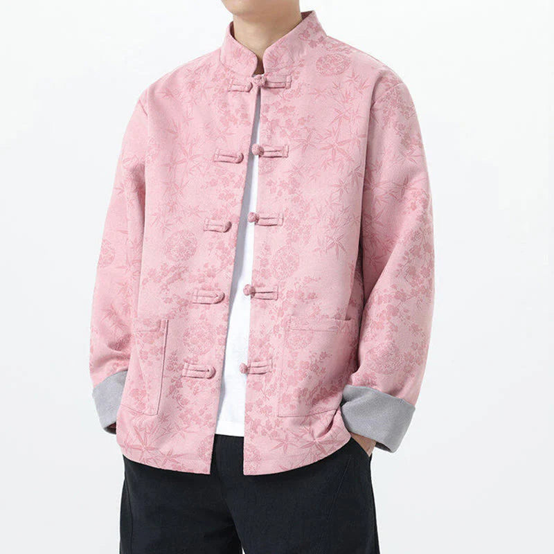 Buddha Stones Fall Jacquard Bamboo Frog-button Long Sleeve Men's Cotton Jacket With Pockets