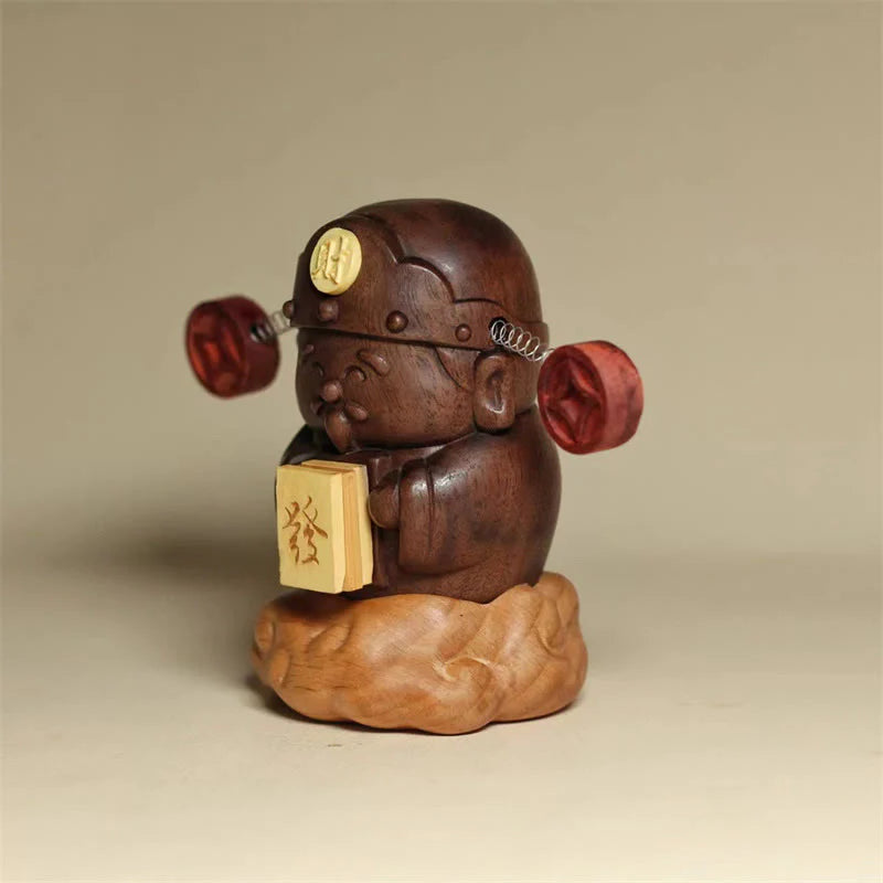 Buddha Stones God Of Wealth Caishen Black Walnut Beech Statue Fu Character Copper Coins Home Decoration