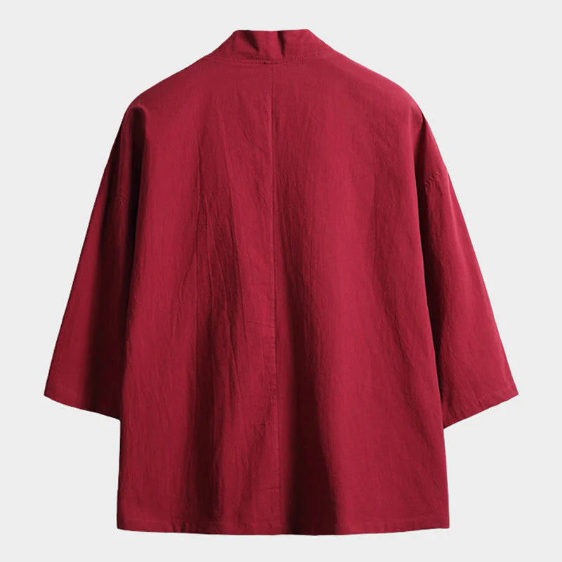 Buddha Stones Solid Color Lace-up Three Quarter Sleeve Open Front Jacket Men's Kimono
