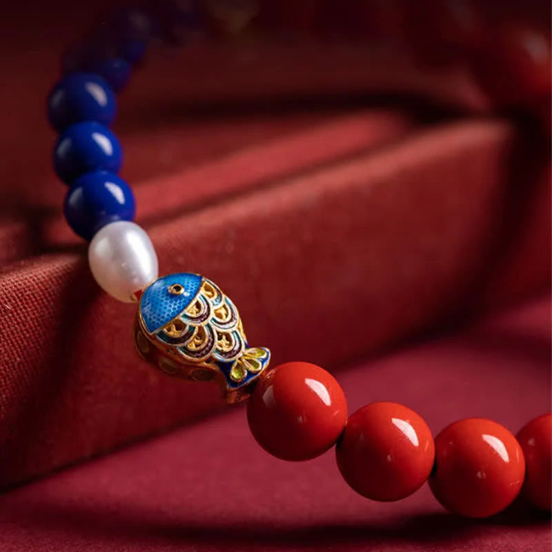 Buddha Stones Cinnabar Lapis Lazuli Koi Fish Ruyi Cloud Charm Blessing Beaded Bracelet