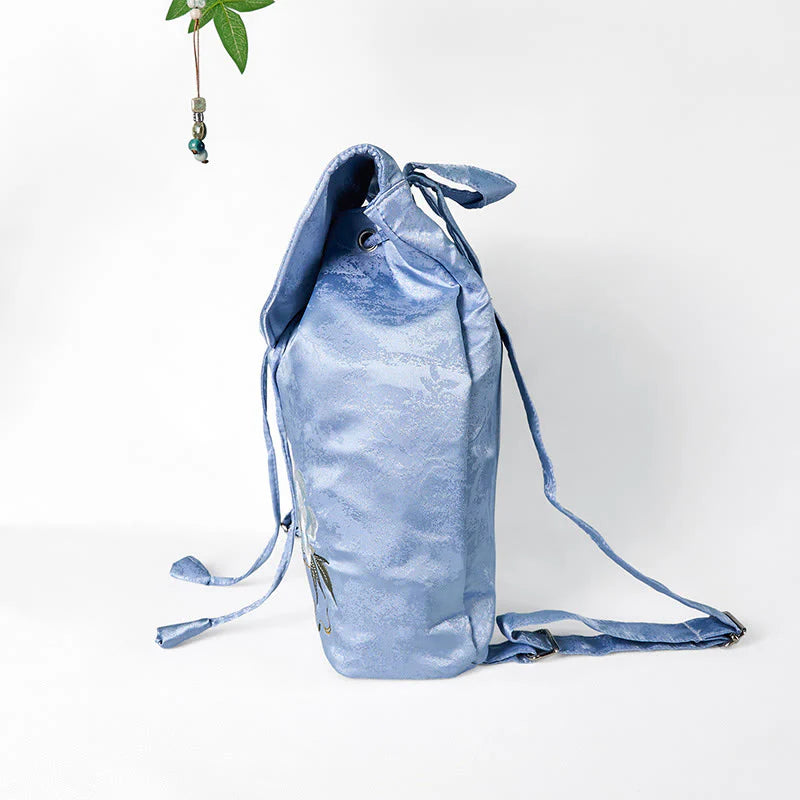 Buddha Stones Handmade Blue Camellia Embroidered Large Capacity Polyester Cotton Backpack