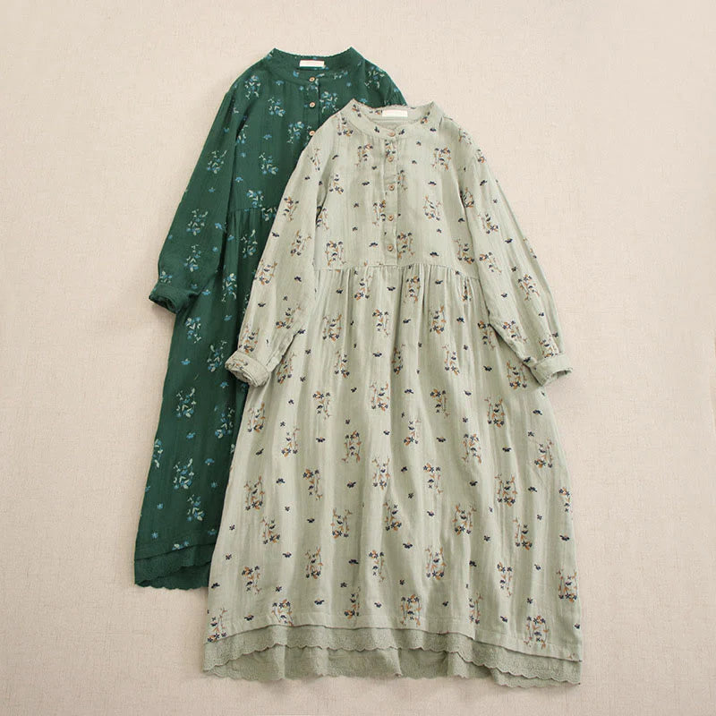 Buddha Stones Spring Small Floral Print Buttons Design Crew Neck Long Sleeve Midi Dress With Pockets