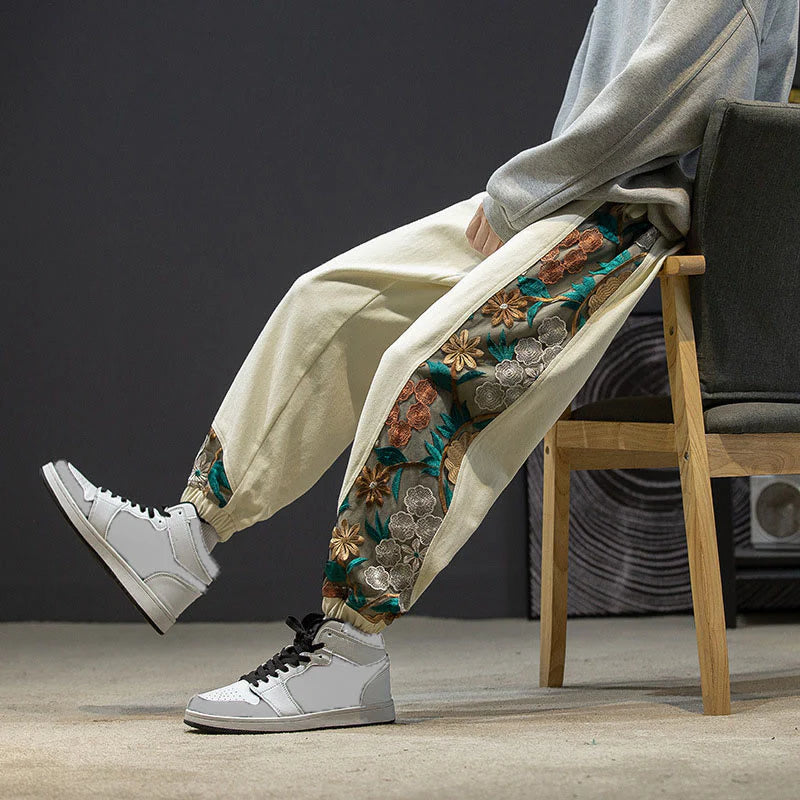 Buddha Stones Spring Men's Embroidered Flower Pattern Patchwork Cotton Pants With Pockets