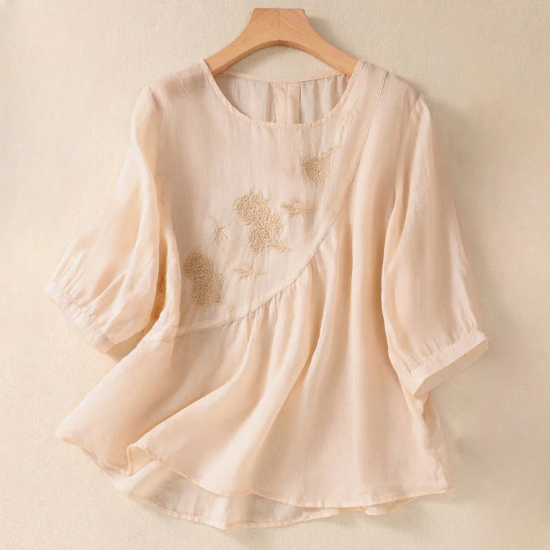 Buddha Stones Embroidered Flower Crew Neck Design Women's Cotton Linen Half Sleeve Shirt