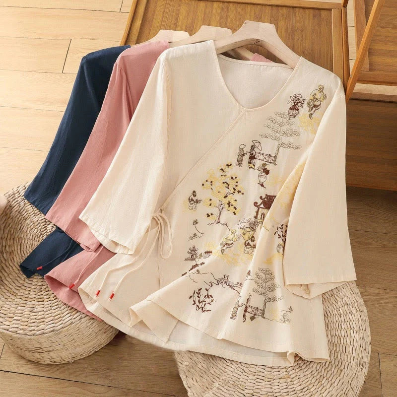 Buddha Stones Retro Embroidery Lace-Up Women's Three Quarter Sleeve Cotton Linen T-Shirt