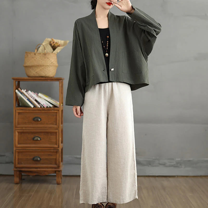 Buddha Stones Casual Vintage Plain Long Sleeve Open Front Cardigan Cotton Linen Jacket With Pockets