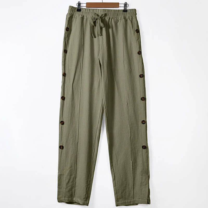 Buddha Stones Solid Color Side Buttons Men's Cotton Pants With Pockets