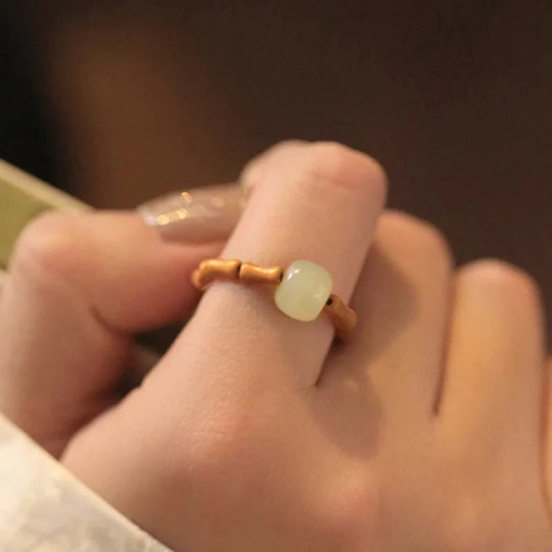 Buddha Stones Hetian Jade Beaded Bamboo Prosperity Luck Ring
