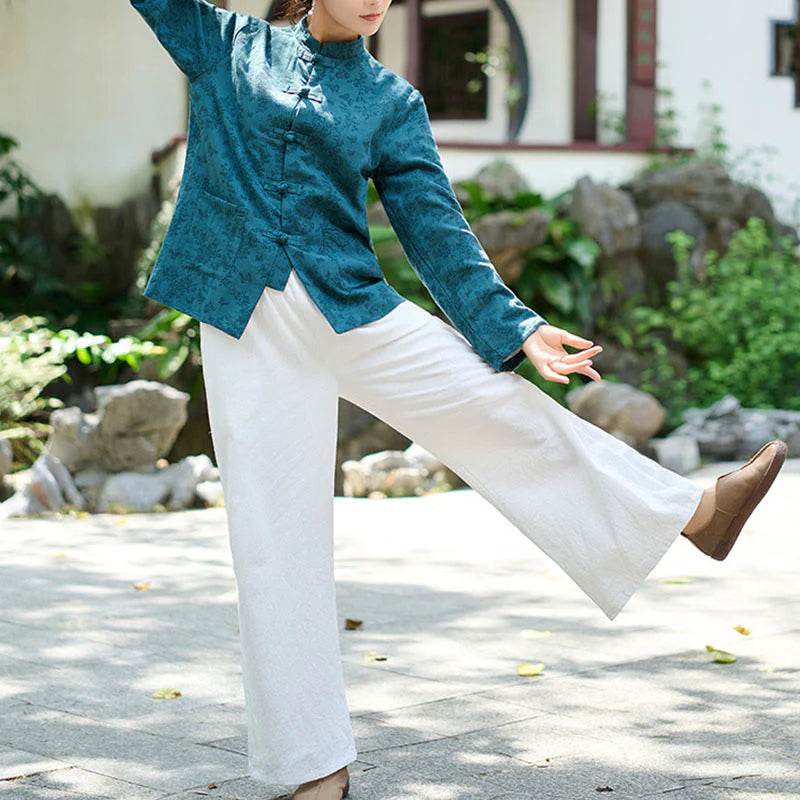 Buddha Stones Frog-Button Long Sleeve Cotton Jacquard Women's Shirt Pants With Pockets