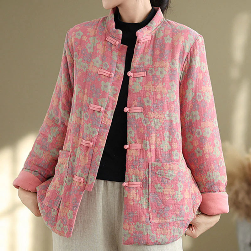 Buddha Stones Women's Winter Thicken Cotton Floral Pattern Long Sleeve Jacket With Pockets