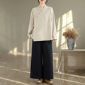 Buddha Stones 2Pcs V-Neck Long Sleeve Shirt Wide Leg Pants Zen Meditation Women's Set