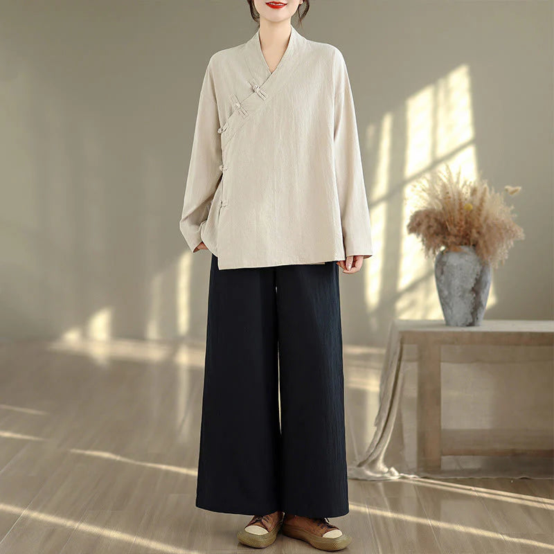 Buddha Stones 2Pcs V-Neck Long Sleeve Shirt Wide Leg Pants Zen Meditation Women's Set