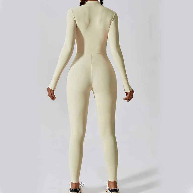 Buddha Stones Women Zipper Long Sleeve Shapewear Jumpsuit Sports Fitness Yoga Bodysuit