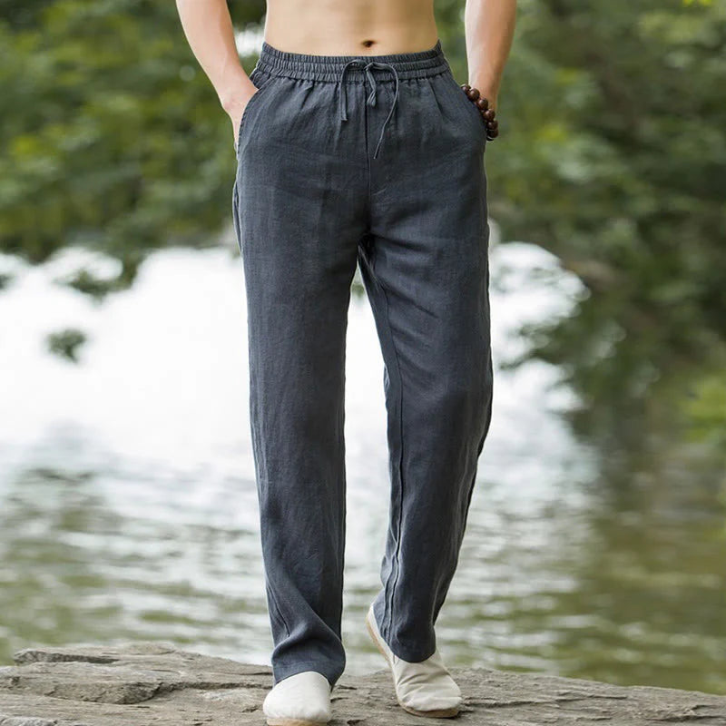 Buddha Stones Solid Color Cotton Linen Men's Wide Leg Pants With Pockets