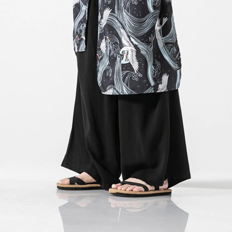 Buddha Stones Summer Flying Crane Design Cotton Men's Wide Leg Pants With Pockets