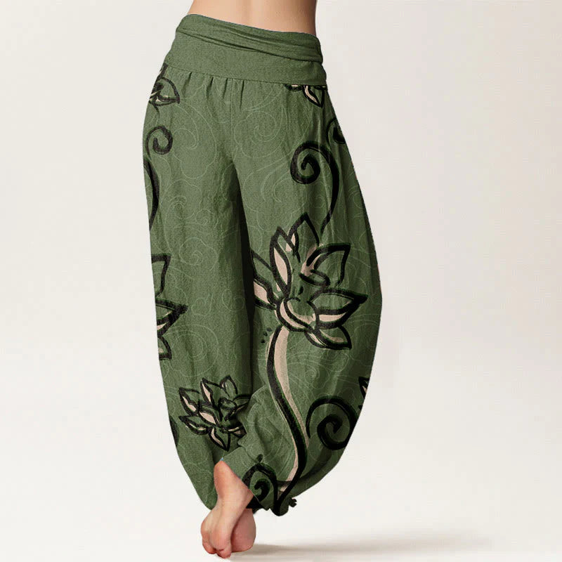 Buddha Stones Pure Cotton Casual Lotus Auspicious Clouds Design Women's Elastic Waist Harem Pants