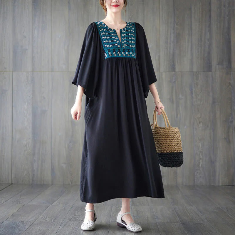 Buddha Stones Embroidery Notched Ruffled Hem Midi Dress With Pockets