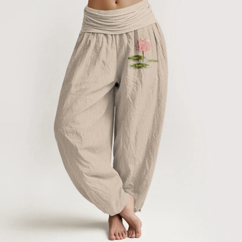 Buddha Stones Pure Cotton  Lotus Flower Leaves Pattern Women's Elastic Waist Harem Pants