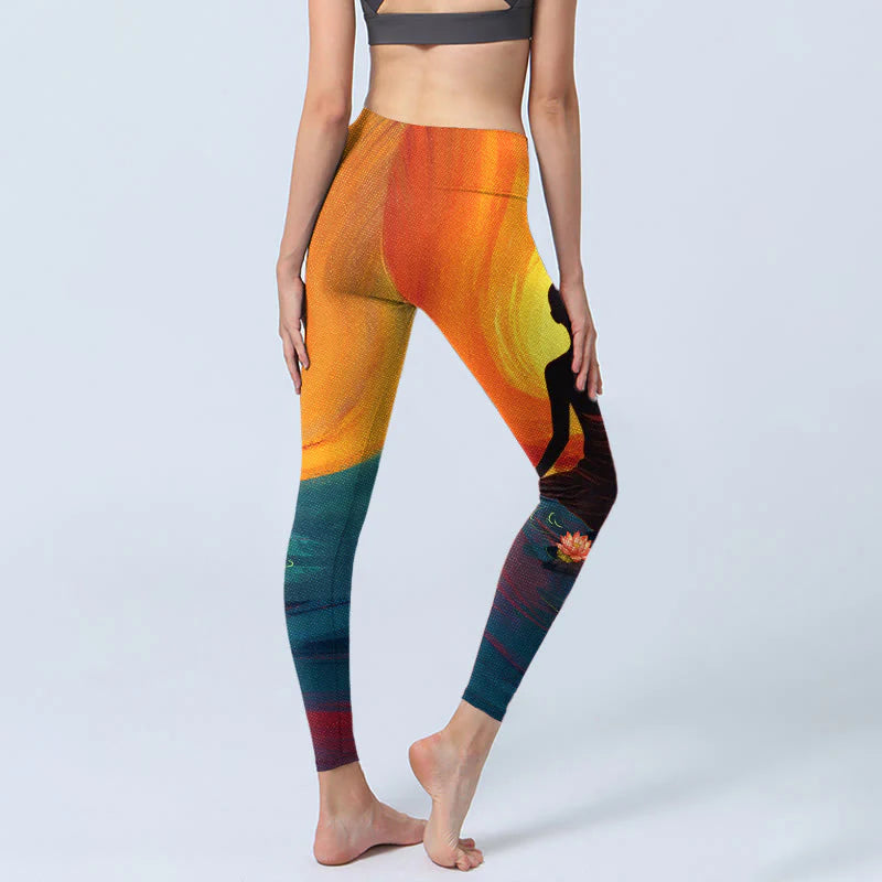 Buddha Stones Meditating Figure Lotus Flower Print Gym Leggings Women's Yoga Pants