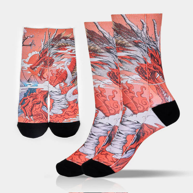 Buddha Stones Casual Red Dragon Volcano Sun Tree Mountains Micro Crew Men Women Unisex Socks